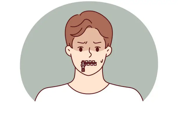Vector illustration of Silent man with zipper on lips is trying to hide compromising information or unpopular opinion