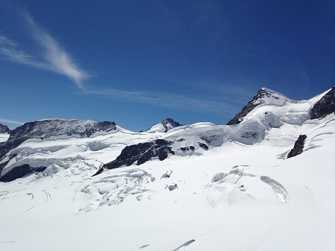 The image shows a snowy mountain under a clear blue sky, in Jungfraujoch, Canton of Valais, Switzerland. The scene includes glacial landforms, mountain summits, and ice caps, typical of an alpine environment.