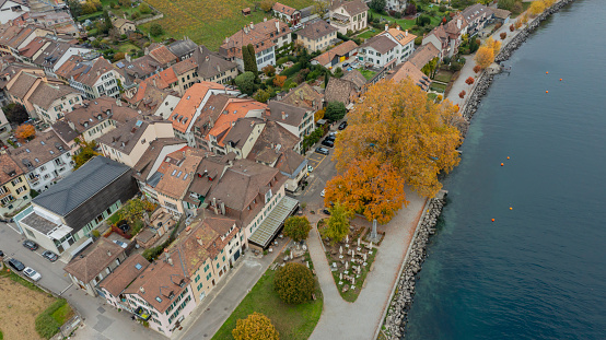 Drone Aerial view of View over Lake Geneva, Swiss and French Alps, Vevey Vaud and city scenery scape switzerland