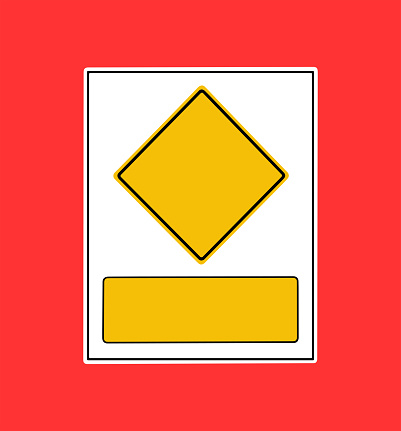 white rectangular road sign with diamond frame and yellow square frame for pictograms and information message