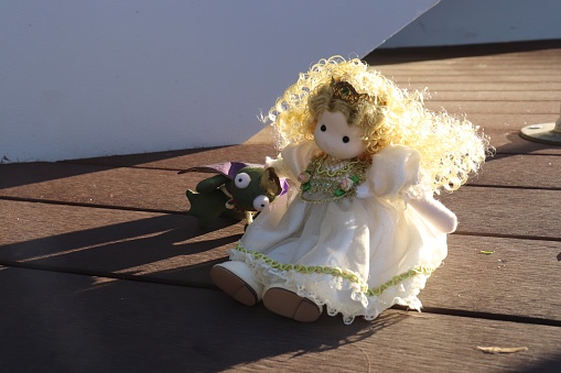 The photo is of a doll sitting on a wooden floor. The doll is wearing a dress with a frog behind it.
