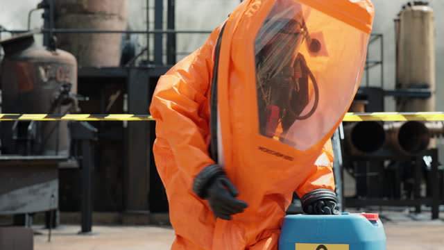 Dedicated chemical exterminator, clad in a hazmat suit, carefully carrying a gallon of chemicals out of a factory. Essence of danger and precision involved in chemical extermination processes.