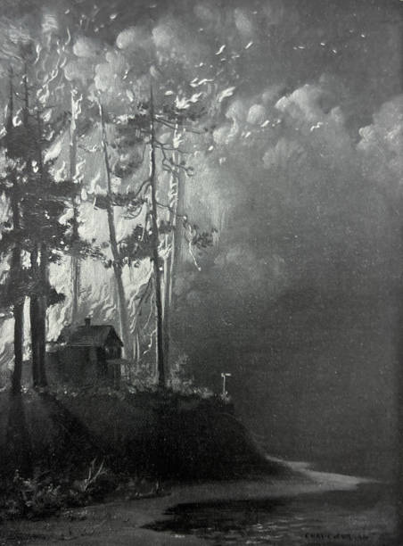 istock Antique illustration - large fire coming up to cabin in woods 2027870639