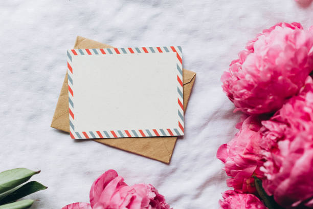 White blank greeting card with pink aster flower and chains of small, purple flowers with red rowan berry on the brown wooden table. Empty place for a text. Top view.