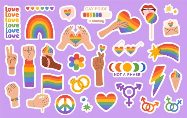 Vector illustration of LGBT sticker pack. LGBTQ pride community rainbow elements. Pride month. Vector illustration in hand drawn style