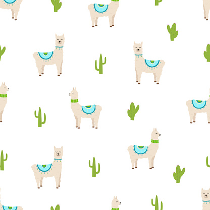 Seamless pattern of cute llamas and cacti. Vector illustration of funny animals background wallpaper.