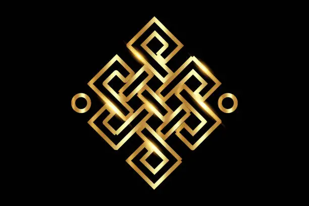 Vector illustration of The endless knot or eternal knot. Gold Samsara icon. Guts of Buddha, The bowels of Buddha. Happiness node, symbol of inseparability and dependent origination of existence and all phenomena in Universe