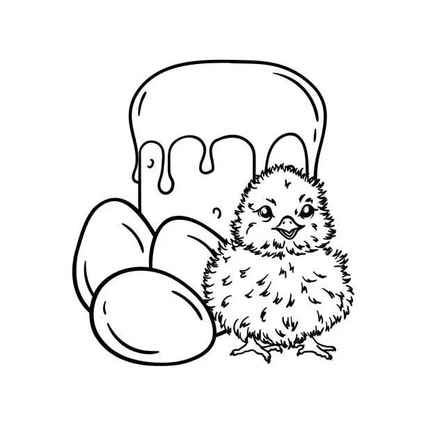 Vector illustration of Coloring page with chicken, Easter cake and eggs. Black and white vector illustration. Greeting card.