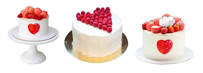 Beautiful cakes with hearts, strawberries, raspberries, macaroons and chocolate. Celebration ideas for loving hearts