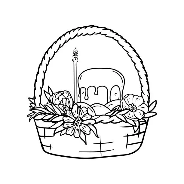 Vector illustration of Coloring page with a basket, Easter cake, church candle, flowers and eggs. Black and white vector illustration.