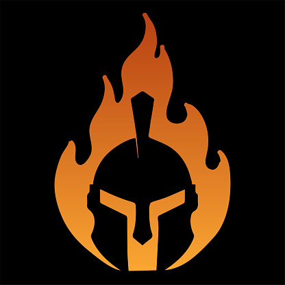 Greek Roman Spartan Knight Helmet with Fire Flame Illustration Design Vector