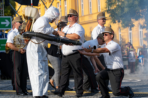 Szekesfehervar, Hungary- August 18, 2023: military musicians, square, Richard Fricsay, Regional Military Band Festival, Covid, pandemic