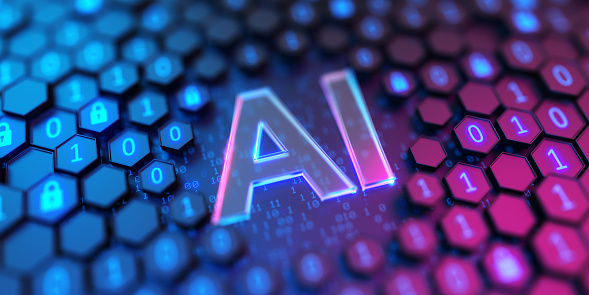 AI sign on the hexagonal background with binary code. Artificial Intelligence. 3d Illustration