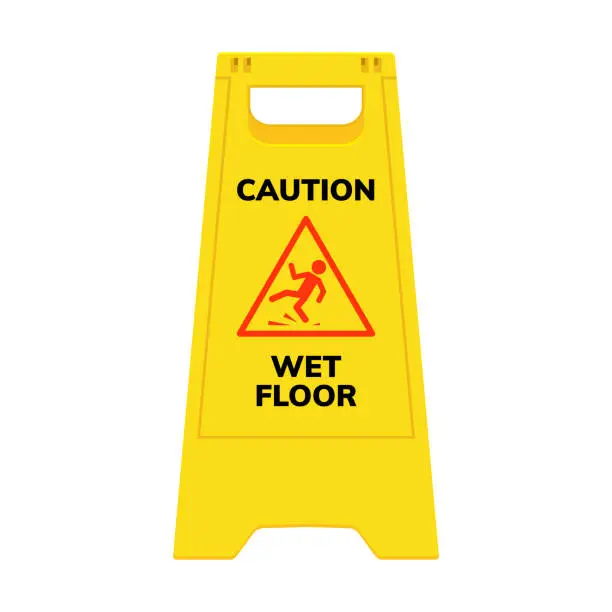 Vector illustration of Wet floor sign. Safety yellow slippery floor warning icon vector caution symbol