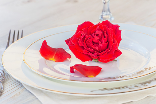 red rose on a white plates on a white napkin; close up