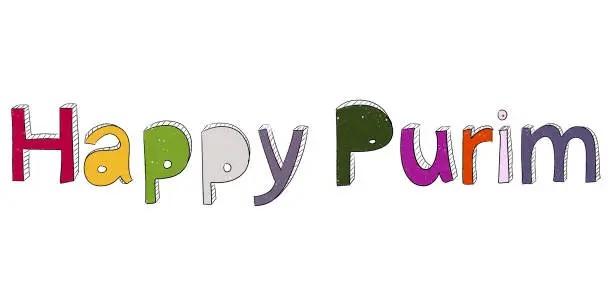 Vector illustration of Happy purim hand drawn lettering. colorful title of Israeli holiday