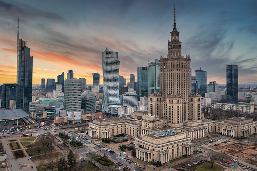 Warszawa, Poland - January 27, 2024: Modern cityscape of Warszawa at sunset, capital city of Poland.