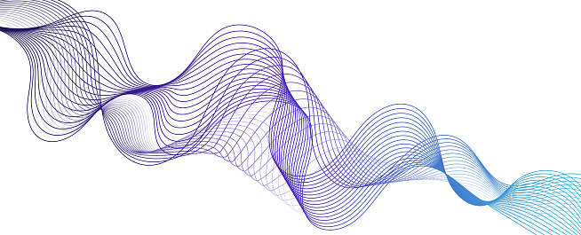 Abstract blue, green and purple smooth flowing wave lines on a white background. Dynamic sound wave element design.