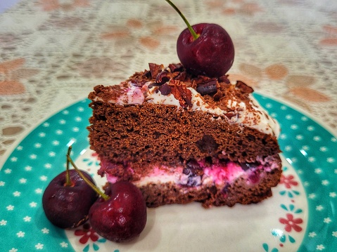 handmade black forest pie cake made with organic cherries, 100% cocoa and spices