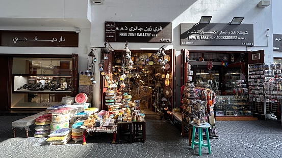 Dubai, UAE - Dec 9, 2018. Local market Souk Madinat Jumeirah in Dubai. The traditional Arab style bazaar is part of Madinat Jumeirah resort.