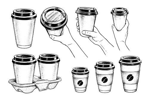Vector hand drawn sketchy illustrations set of takeaway coffee and hands holding disposable paper cups