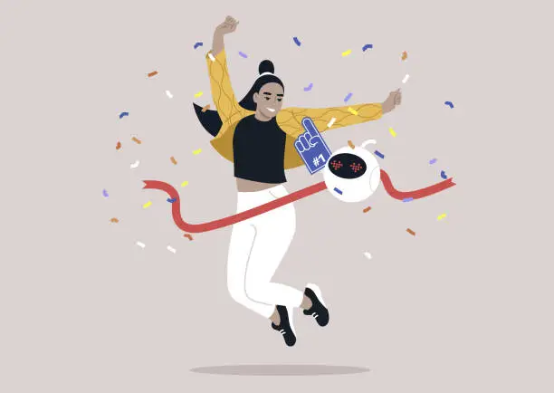 Vector illustration of Jubilant Girl Crossing the Finish Line With a Smiling electronic companion, a cheerful young character leaps over a red ribbon with a robot at her side amid a shower of confetti