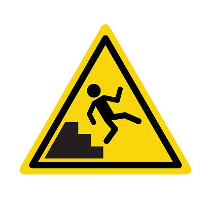Fall down slippery safety sign icon. Vector person down floor warning hazard danger isolated yellow symbol
