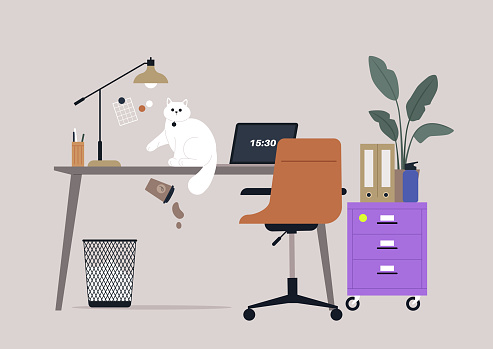 Mischief at the Modern Home Office, Cat Tumbles Coffee During Work Hours, A curious pet knocks over a to-go paper cup on a sleek desk