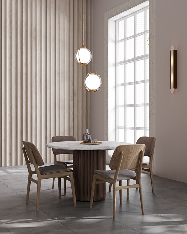 Beige contemporary minimalist interior with table, chair, wooden paneled wall, and decor. 3d render illustration mockup