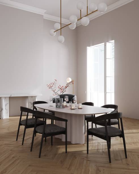 istock Minimal modern home, living room and dining room design, dining area on bright interior background, 3d render 2027997902