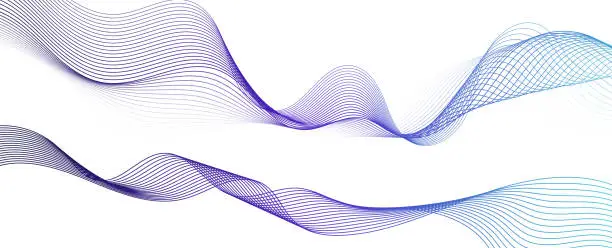 Vector illustration of Abstract blue, green and purple smooth flowing wave lines on a white background. Dynamic sound wave element design.