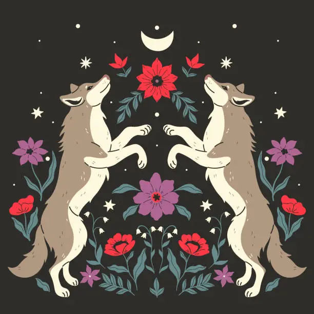 Vector illustration of A symmetrical composition of two wolves standing sideways in a jump and flowers on a dark background. Vector graphics