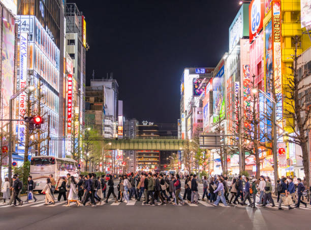 Side view of people on a busy crosswalk in Akihabara, Tokyo, a district known for gaming, manga and youth culture.