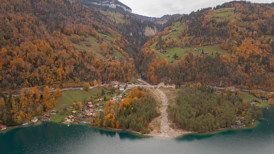 Drone aerial view of Lake Geneva Switzerland Swiss and French Alps, Vevey Vaud and city scenery landscape Switzerland