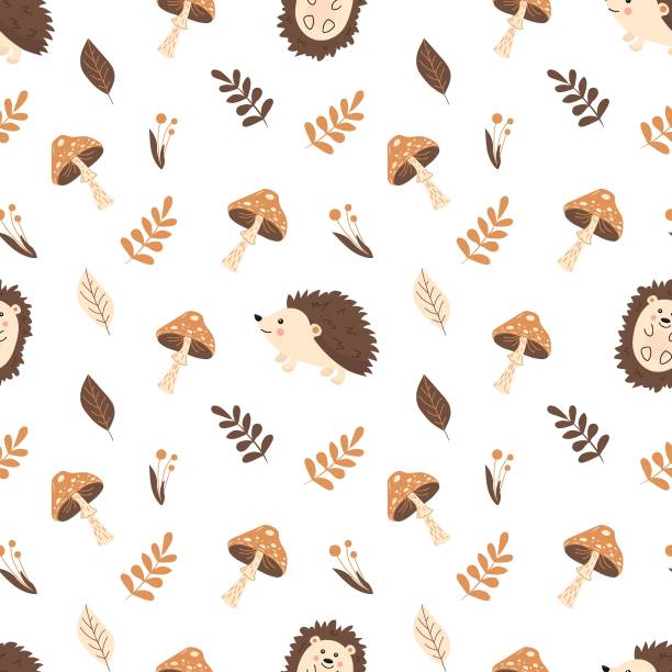 autumn seamless pattern with cute hedgehogs, leaves and mushrooms on a white background. childish background for fabric, wrapping paper, textile, wallpaper and apparel. vector illustration - timberland stock illustrations