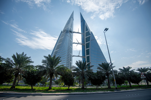Manama, Bahrain - December 28, 2023: World Trade Center skyscraper and skyline of Manama City Bahrain