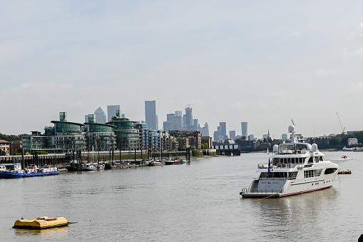 London, UK, 3 September 2023: view of River Thames  and Canary Wharf in the background in London