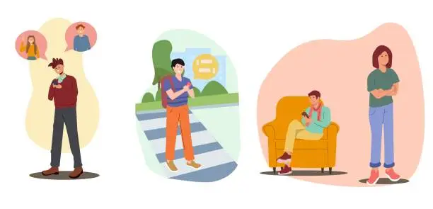 Vector illustration of Negative Effect of phone on family concept. Teenager focus on phone, Walking while messaging, lack of communication and neglect between parents and Child.