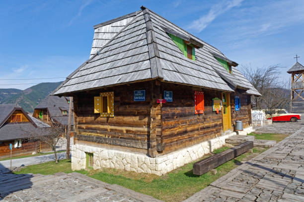 Gift Shop Drvengrad Mokra Gora, Serbia - March 18, 2017: Gift Shop Souvenirs Building Drvengrad Village Tourist Attraction in Mokra Gora at Sunny Spring Day. unicef vintage stock pictures, royalty-free photos & images