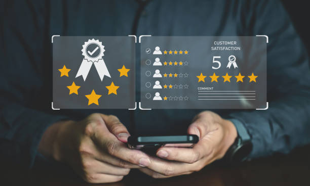 istock Customer review good rating concept hand pressing smile face icon and five star on visual screen for positive customer feedback, testimonial and testimony. 2028108994