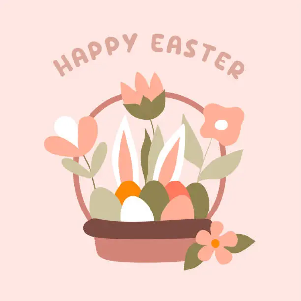 Vector illustration of Festive Easter Basket with Colorful eggs, Flowers and Ears of Bunny rabbit. Happy Religious Holiday Greeting card. Vector Flat Cartoon Isolated Illustration. Design for Decoration, Poster, Postcard.