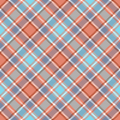 Pink, terracotta, blue and white checkered plaid pattern. Warm pastel colors. Traditional textile tartan design