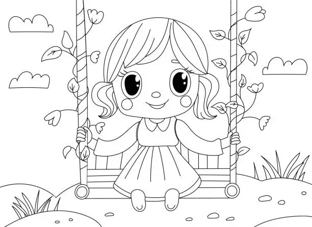 Vector illustration of Coloring Book For Kids: Girl On Swing