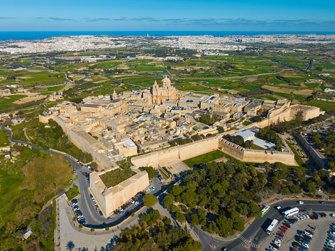 Drone landscape view of Mdina city - old capital of Malta island, countryside