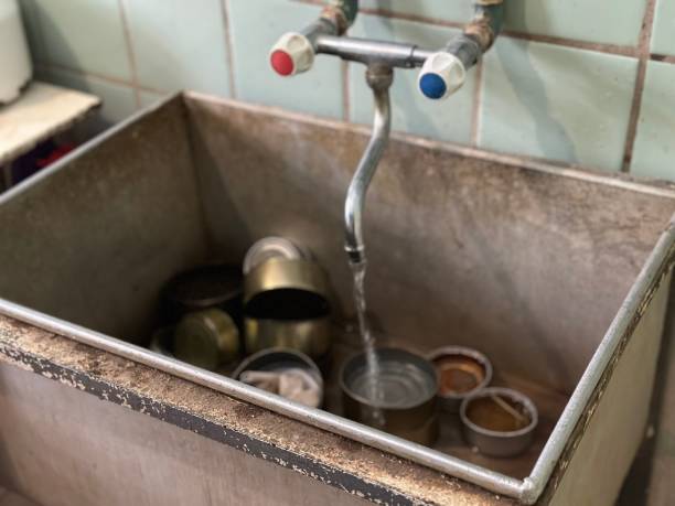 old metal sink for washing dishes. - sink domestic kitchen kitchen sink faucet imagens e fotografias de stock