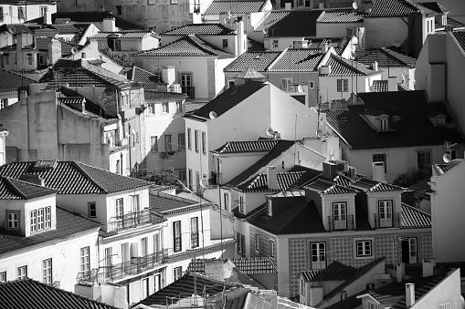 black and white picture of high angle view of Alfama quarter in Lisbon
