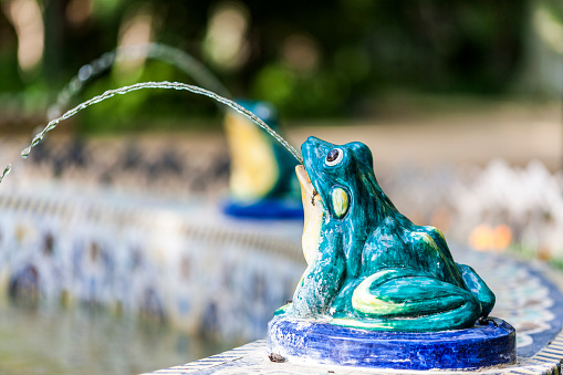 Glazed ceramic frog in a fountain, Maria Luisa park, Seville, Spain
