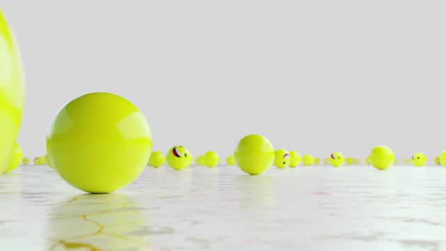 Lots of yellow balls with smiley faces rolling across the endless floor. Infinitely looped animation