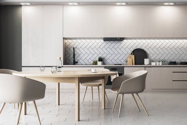 istock Modern kitchen design with white herringbone backsplash and wooden details, elegant interior. 3D Rendering 2028163494