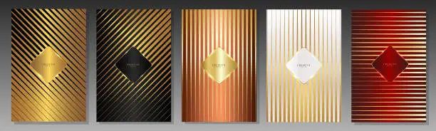 Vector illustration of Modern luxury cover set. Metallic stripes background. Elegant lines template, abstract geometric pattern.